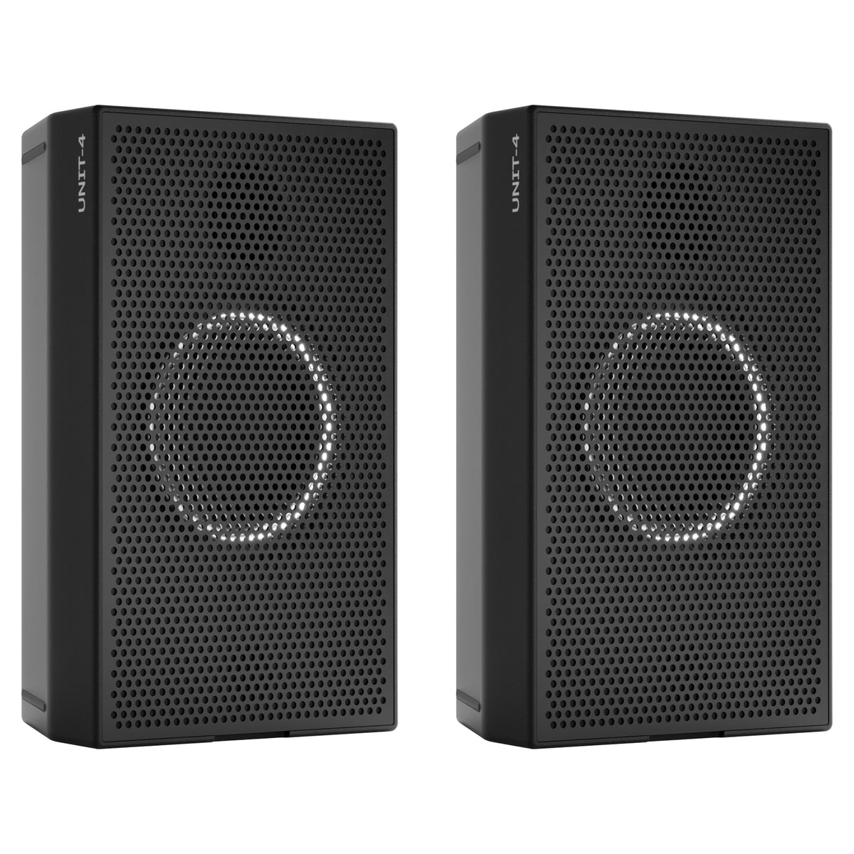 AIAIAI UNIT-4 MKII, pair of black speakers with grilles, front view