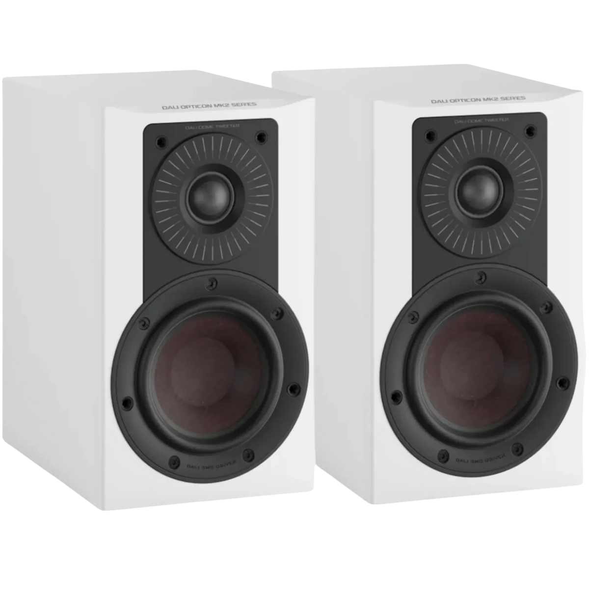 DALI Dali Opticon 1 MK2 passive bookshelf speakers shown with black wood finish and front grille, compact audio speakers for home sound