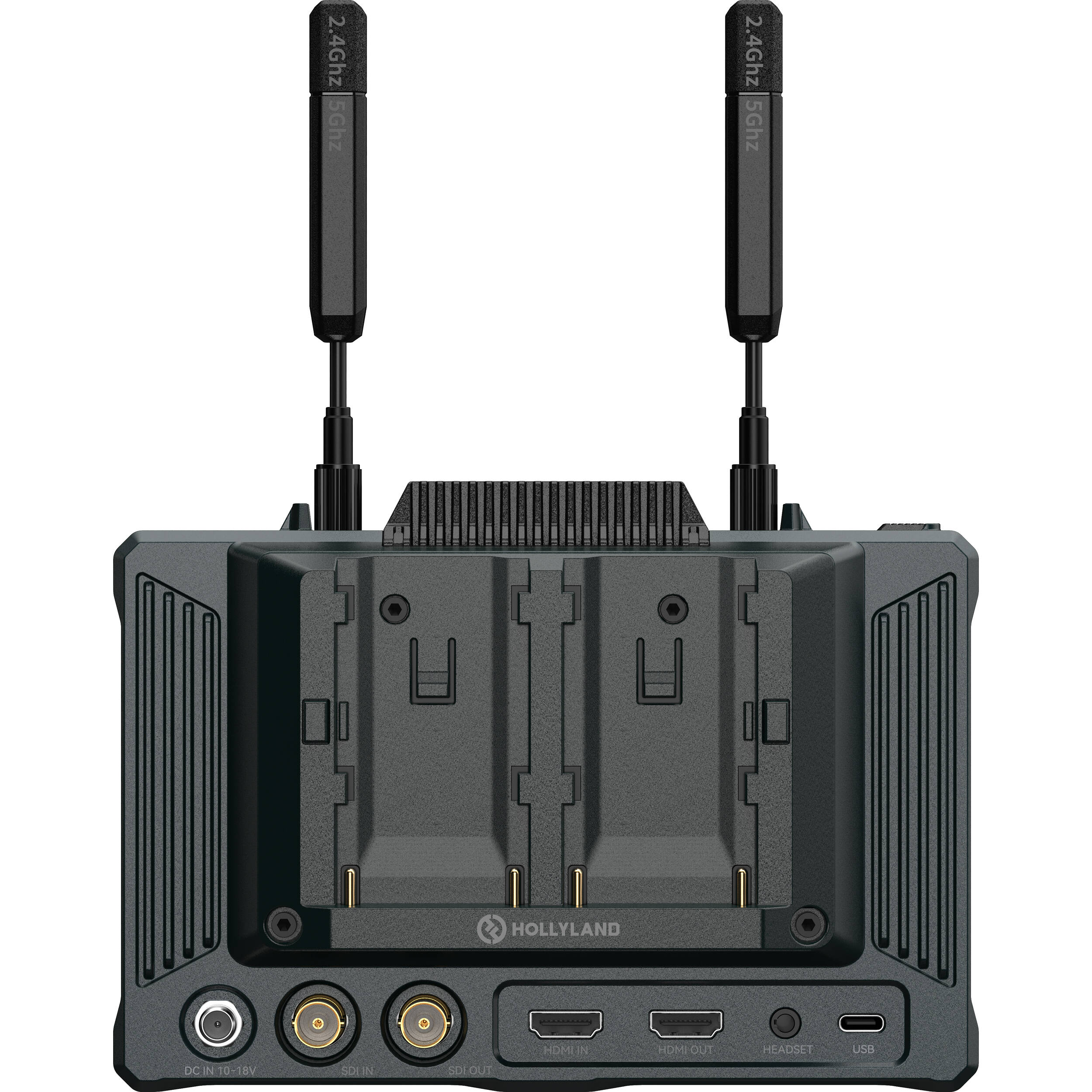Hollyland Pyro 7 video monitor set showing dual monitors with control interfaces and connection ports for professional video production
