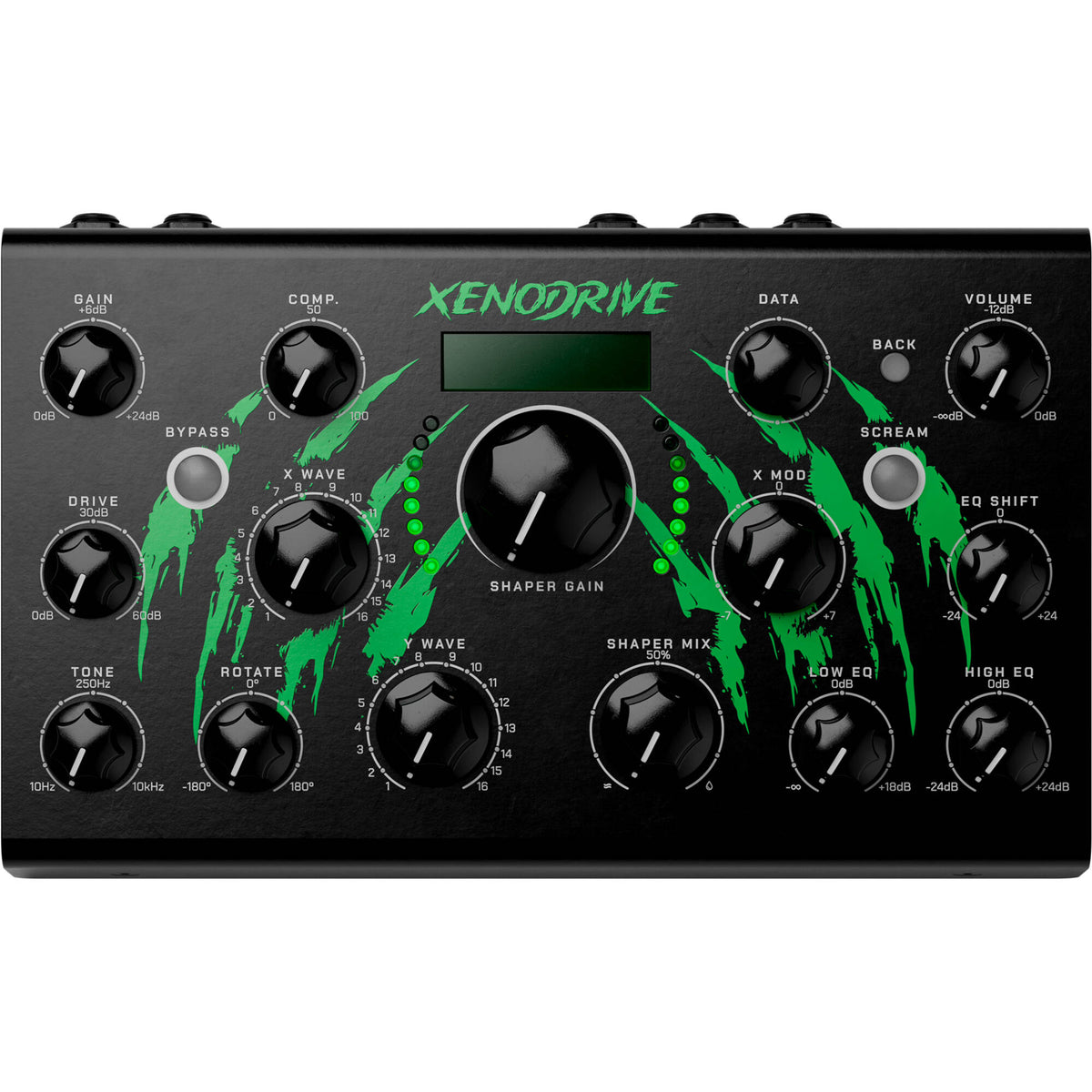 Erica Synths Xenodrive effects pedal with control knobs and input/output jacks on a black metal enclosure.