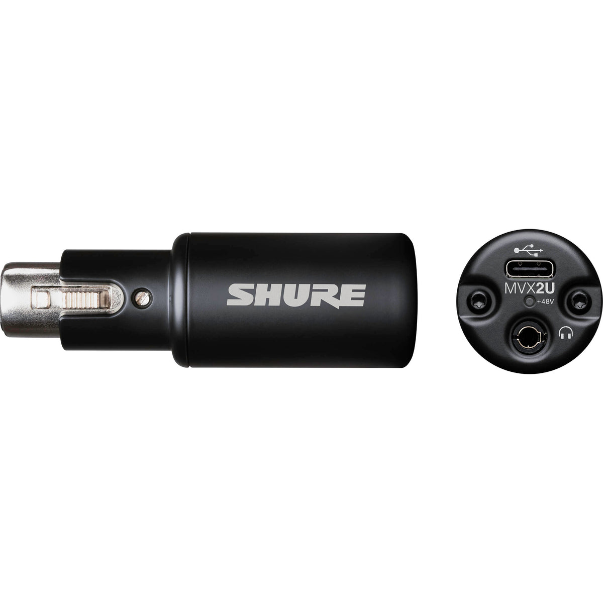 Shure MVX2U Gen 2 USB audio interface with XLR and USB connections, compact design, and professional audio equipment.