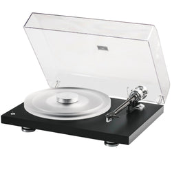 Pro-Ject Debut Reference 10 manual turntable with sleek black finish and tonearm, showcasing high-quality audio equipment design.