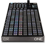OXI Instruments One MKII sequencer with black controls and side view, showcasing the compact design and interface details.