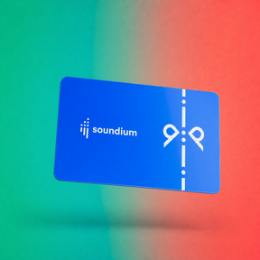 Soundium gift card featuring a colorful, abstract illustration with vibrant shapes and patterns on a white background.