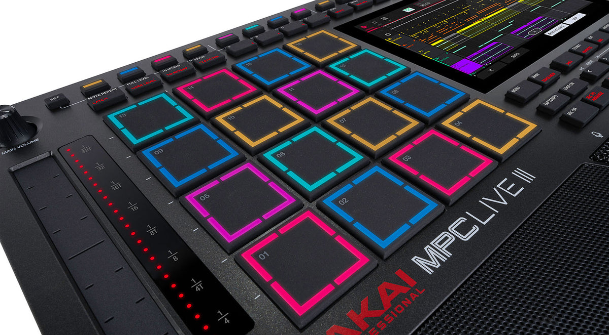 Akai Professional MPC Live III drum machine with colorful pad interface and control knobs, portable music production device.