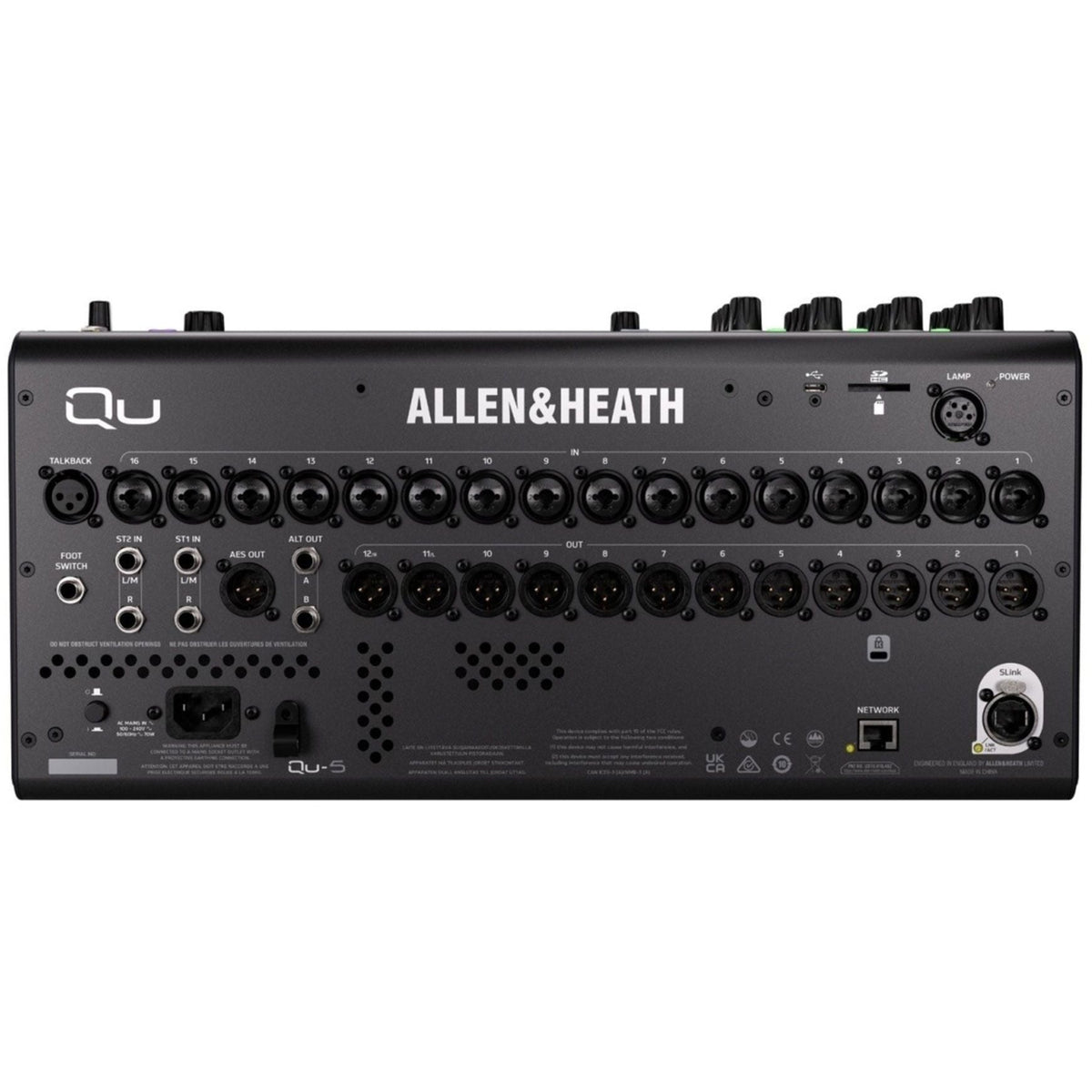 Allen & Heath Qu-5 digital mixer with back panel showing input and output ports, professional audio equipment for live sound and studio.