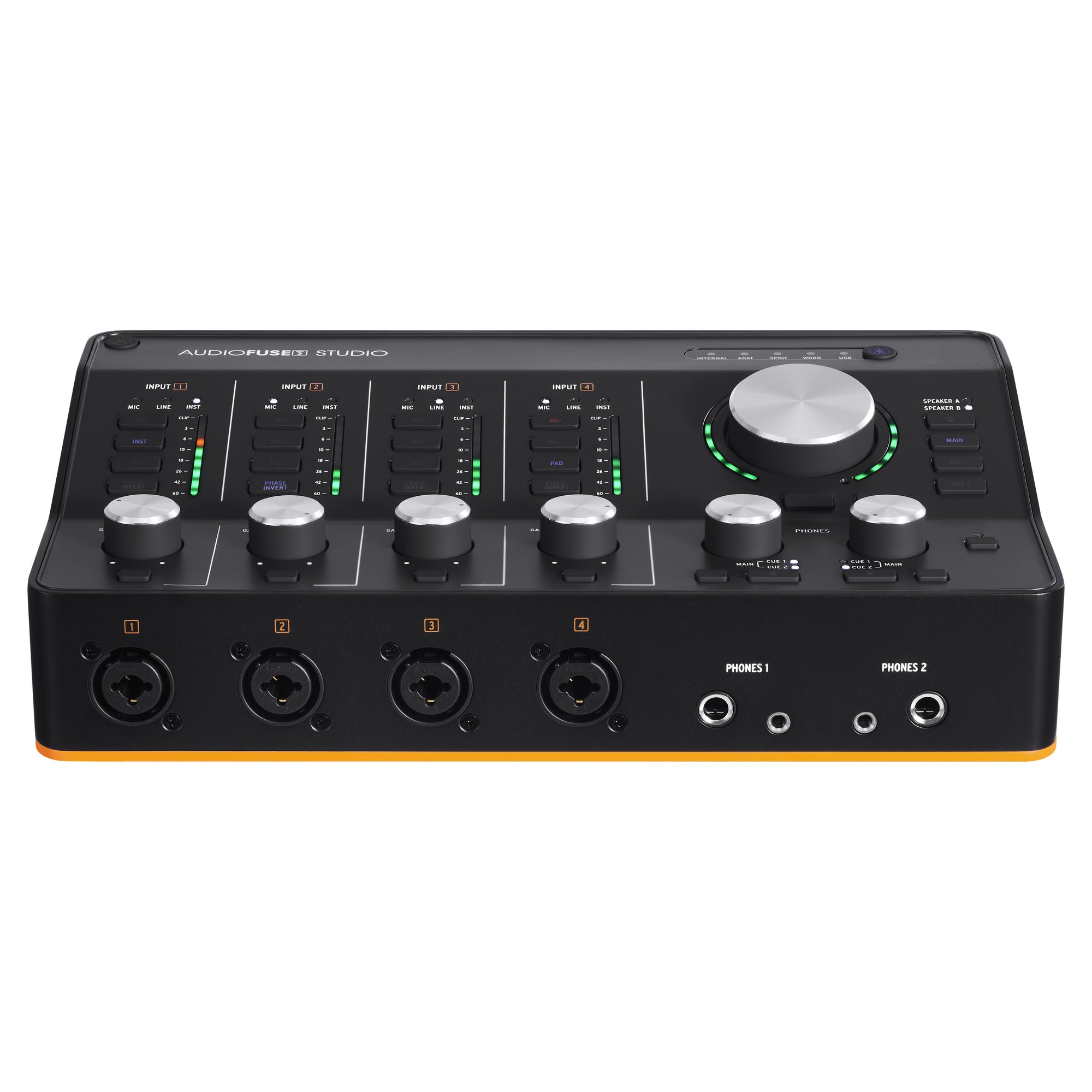 Arturia AudioFuse Studio Rev2 audio interface, front panel with combo inputs and two headphone outputs