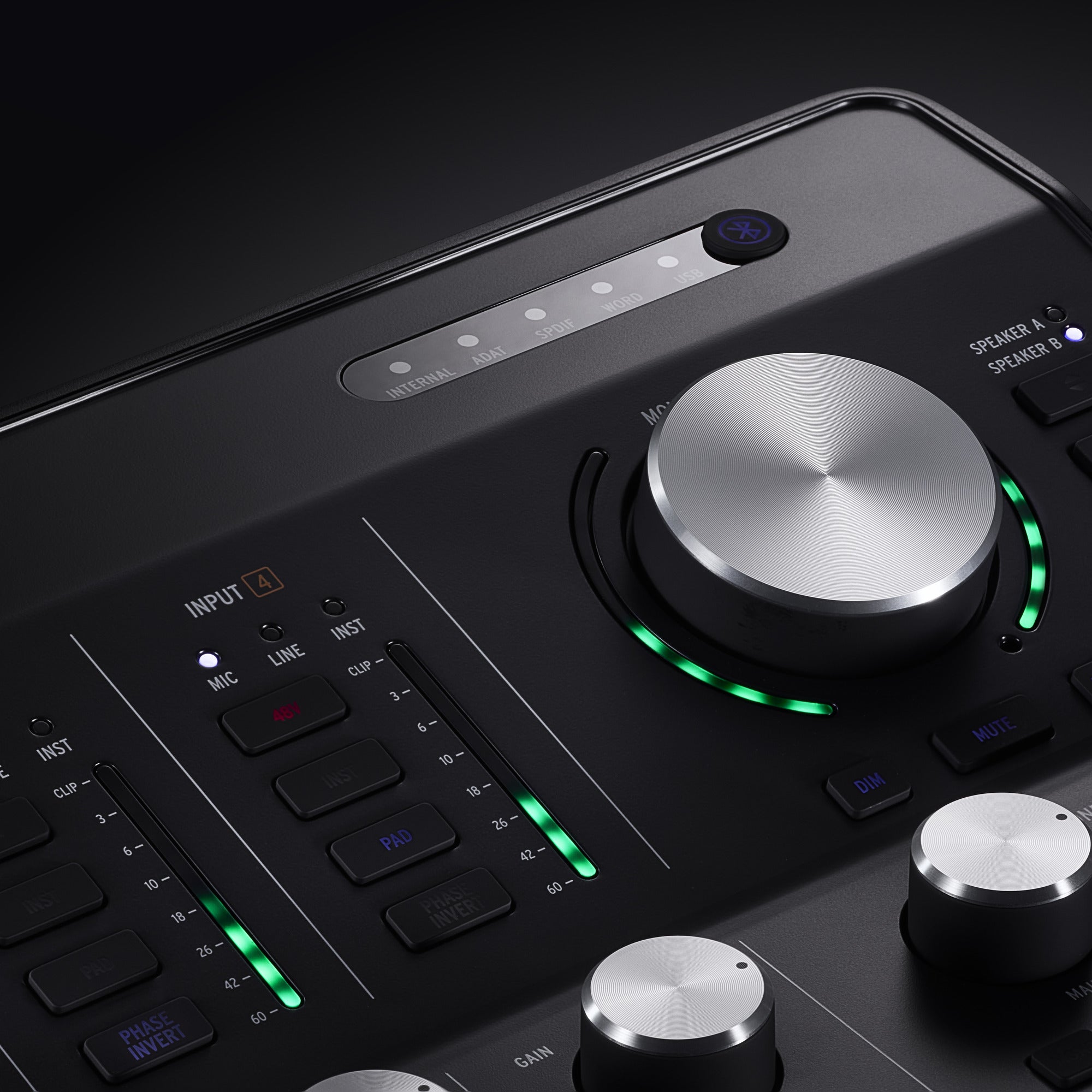 Arturia AudioFuse Studio Rev2 preamp channel controls and metering, close-up