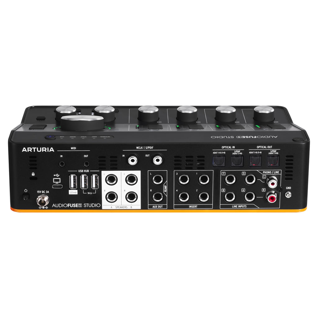 Arturia AudioFuse Studio Rev2 audio interface, rear panel with ADAT, S/PDIF, Word Clock, MIDI and USB-C