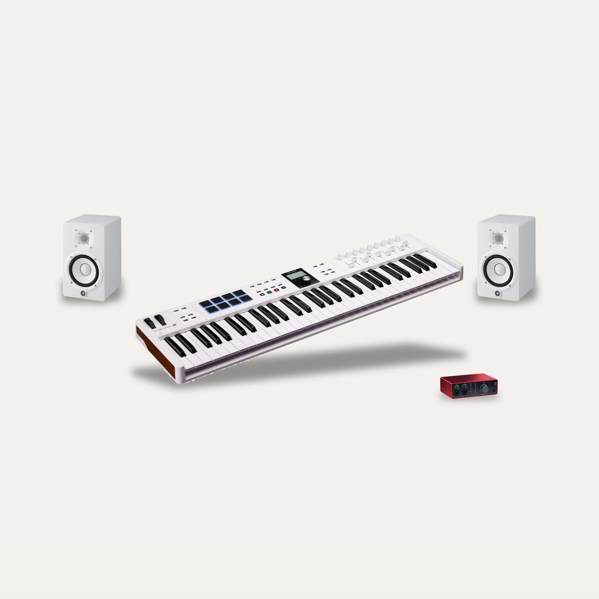 Arturia KeyLab Essential 61 MK3 + Focusrite Scarlett 4i4 + Yamaha HS5 Producer Set – Keyboard Colour White, Monitor Colour White