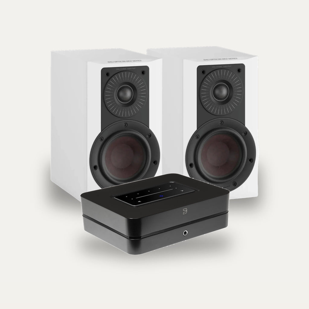 Bluesound POWERNODE + DALI Opticon 1 MK2 Streaming Set – Amplifier Colour Black, Speaker Finish White Satin