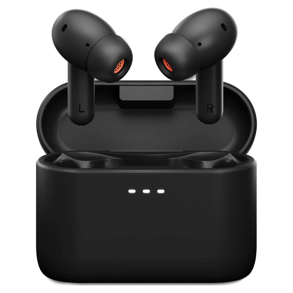 Cambridge Audio Melomania A100 SE earbuds seated in charging case, front view, Black