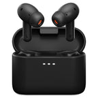 Cambridge Audio Melomania A100 SE earbuds seated in charging case, front view, Black
