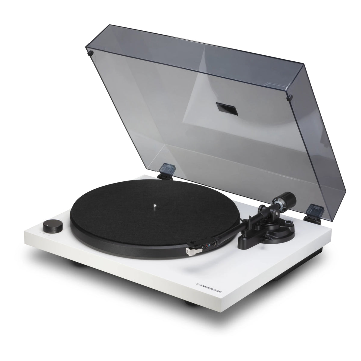 Cambridge Audio Spira turntable in White, front three-quarter view with dust cover open