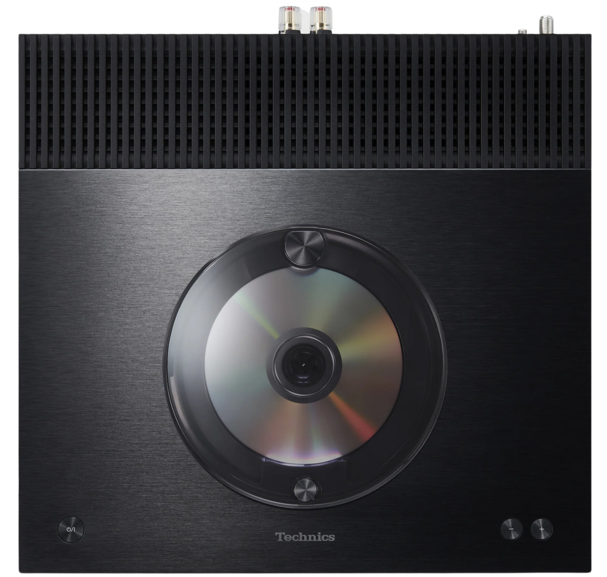 Technics SA-C600 stereo amplifier with sleek black design, control knobs, and input ports visible on front panel.