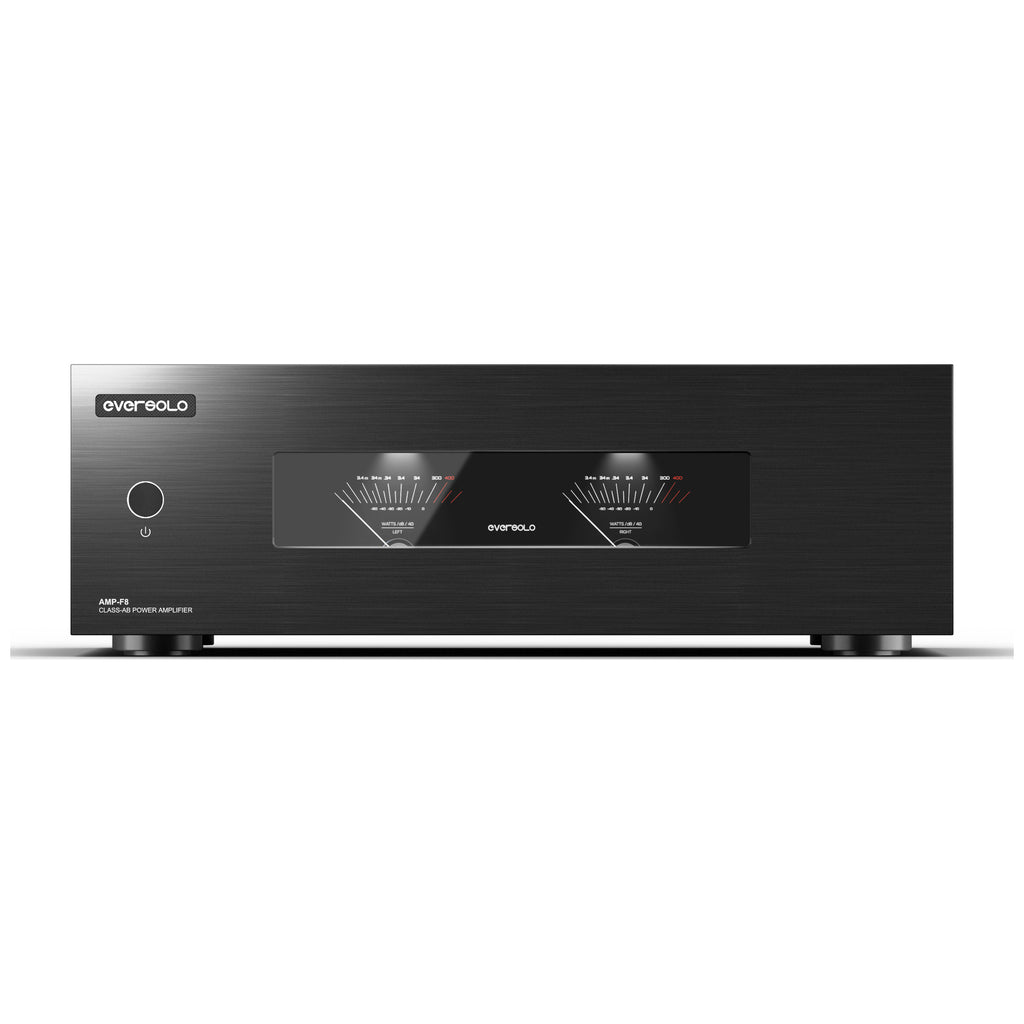 Eversolo AMP-F8 power amplifier, straight front view with VU meters