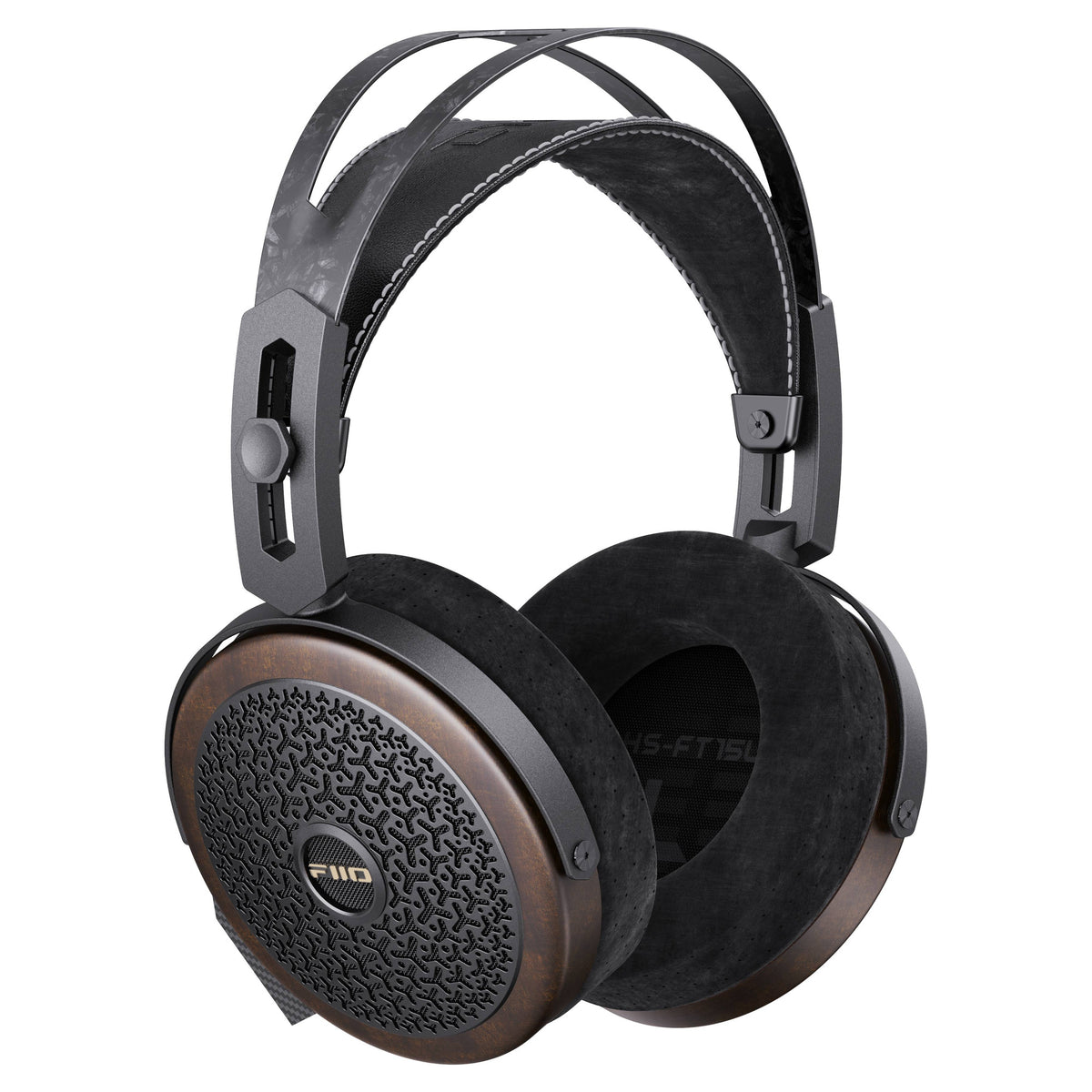 FiiO FT15 open-back planar magnetic headphones with walnut earcups, three-quarter view
