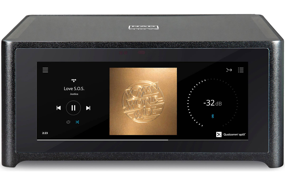 NAD M10 V3 stereo amplifier showcasing a sleek black design with control knobs and digital display on the front panel.
