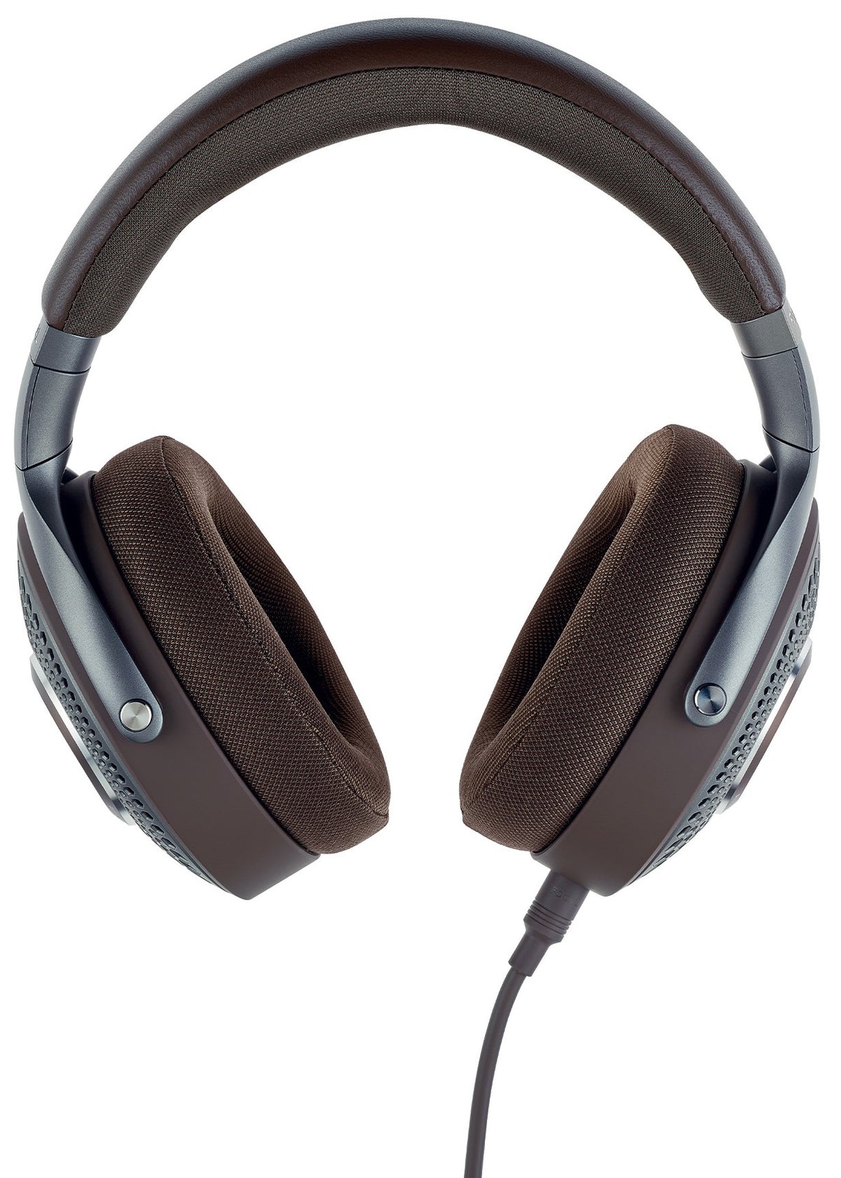 Focal Hadenys wired headphones with a close-up of the earcup and cable connection showing the sleek design and branding.