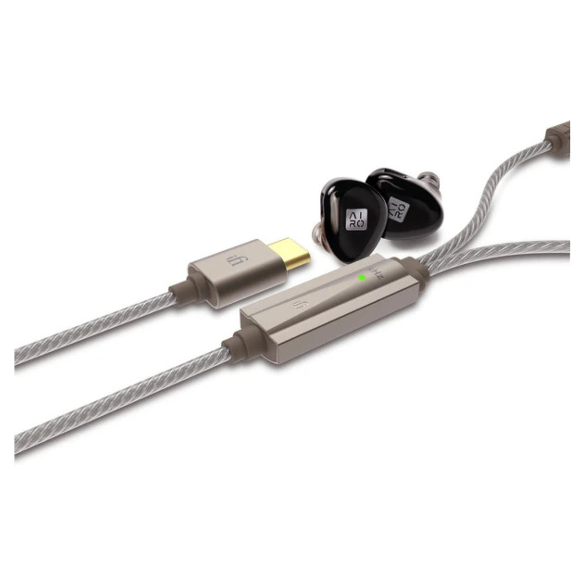iFi Audio GO cable inline DAC housing with AIRO Astra in-ear monitors