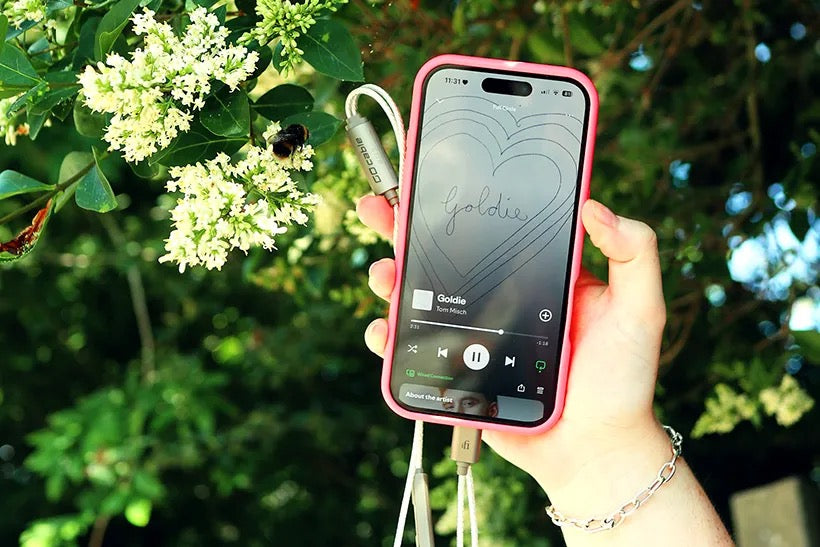 iFi Audio GO cable in use with a smartphone outdoors