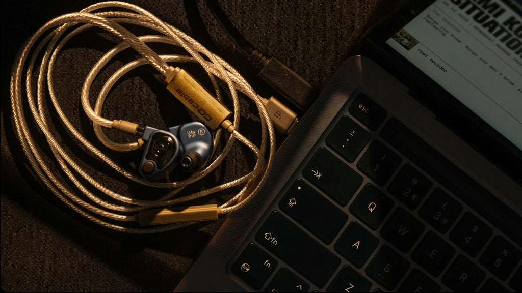 iFi Audio GO cable coiled beside a laptop with in-ear monitors