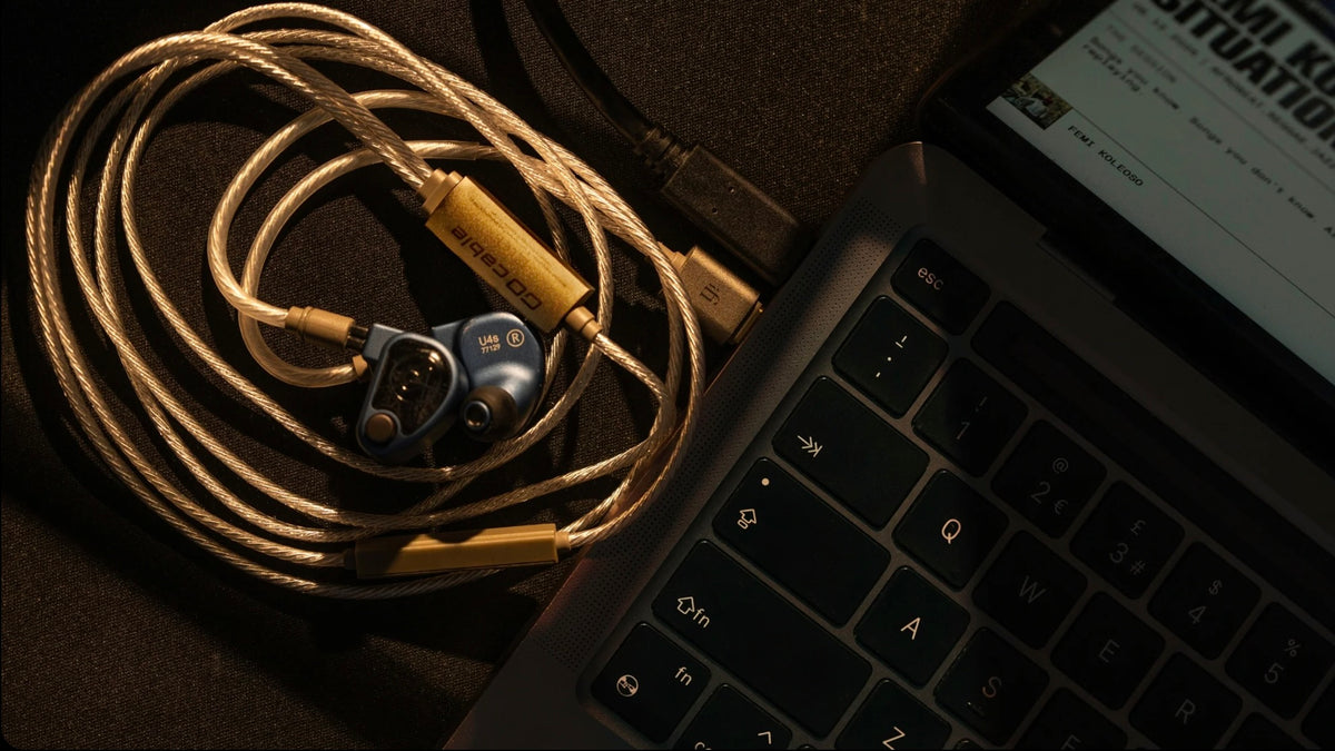 iFi Audio GO cable coiled beside a laptop with in-ear monitors