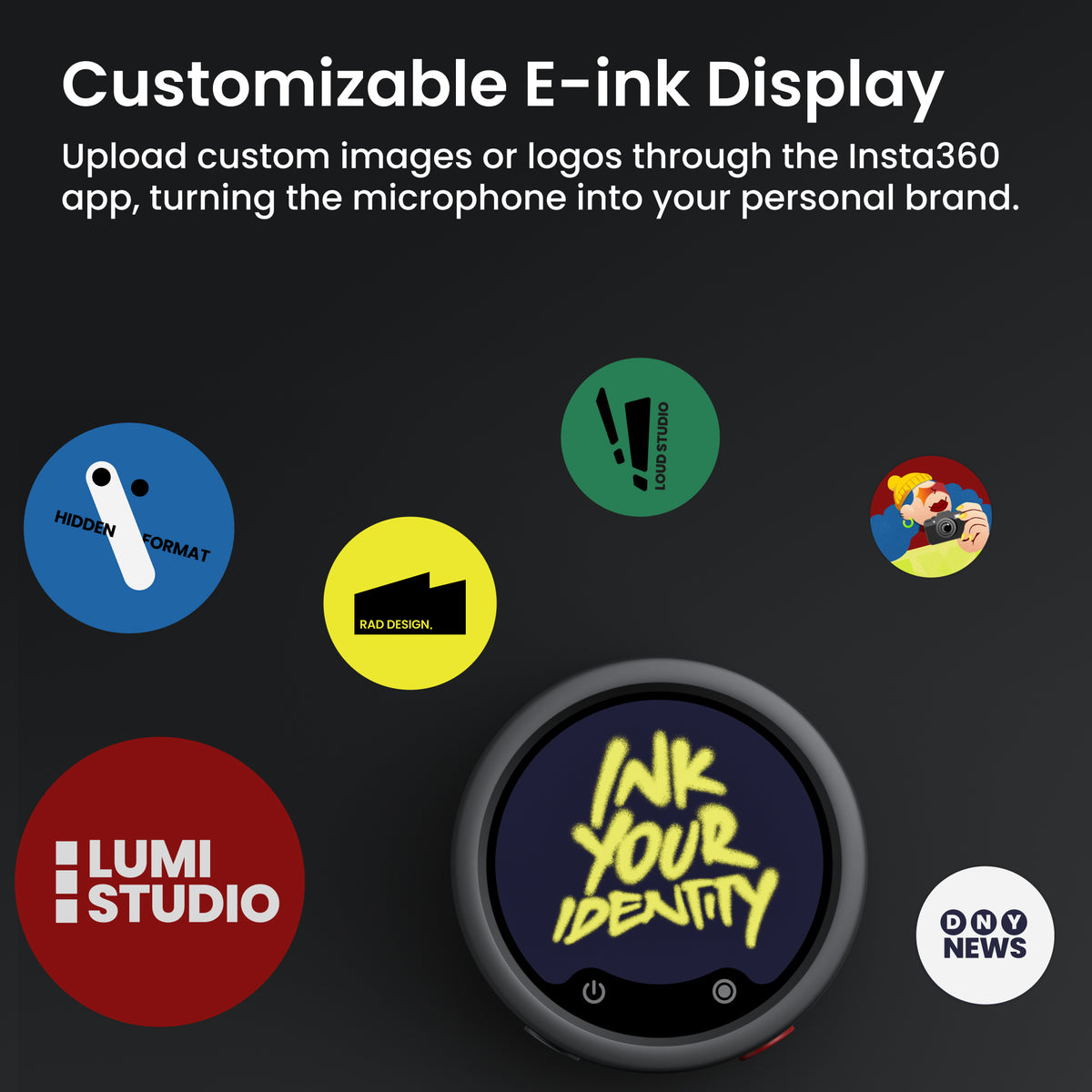 Insta360 Mic Pro Transmitter customisable E-ink display with custom logos