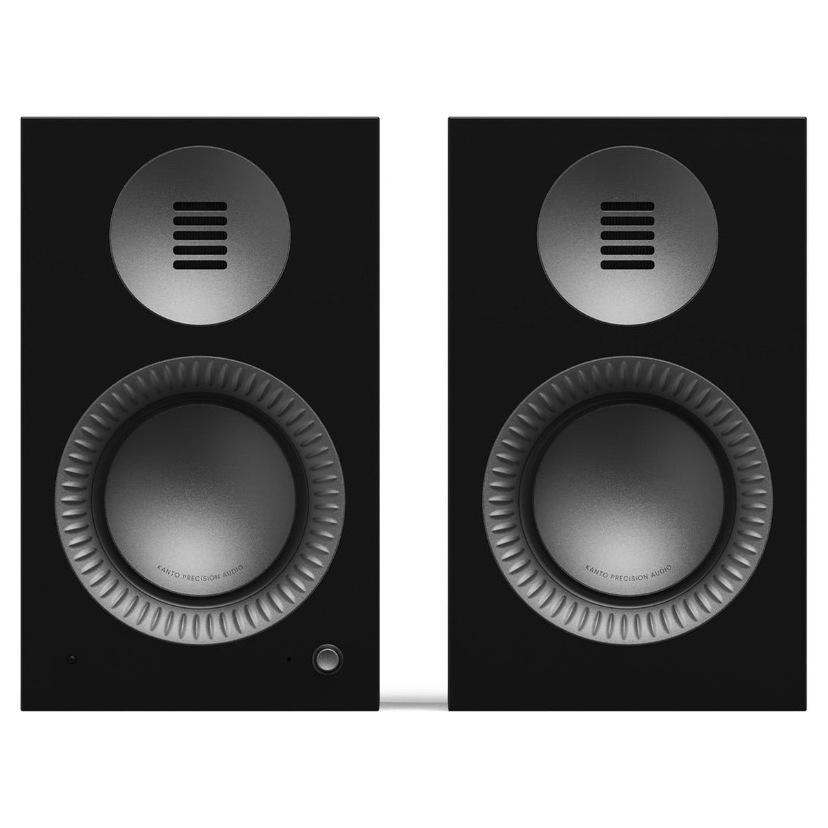 Kanto Audio TUK G2 pair in Matte Black, front view showing AMT tweeter and aluminum woofer