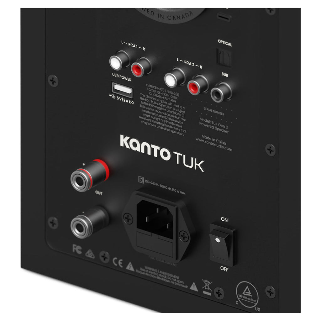 Kanto Audio TUK G2 rear panel close-up with RCA, optical, USB-C and sub out connections