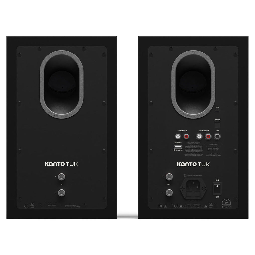 Kanto Audio TUK G2 in Matte Black, rear view with RCA, USB-C, optical inputs and subwoofer output