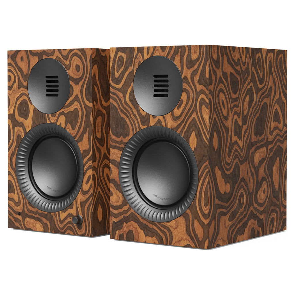 Kanto Audio TUK G2 powered speakers in Matte Burl veneer with gunmetal waveguides, three-quarter view