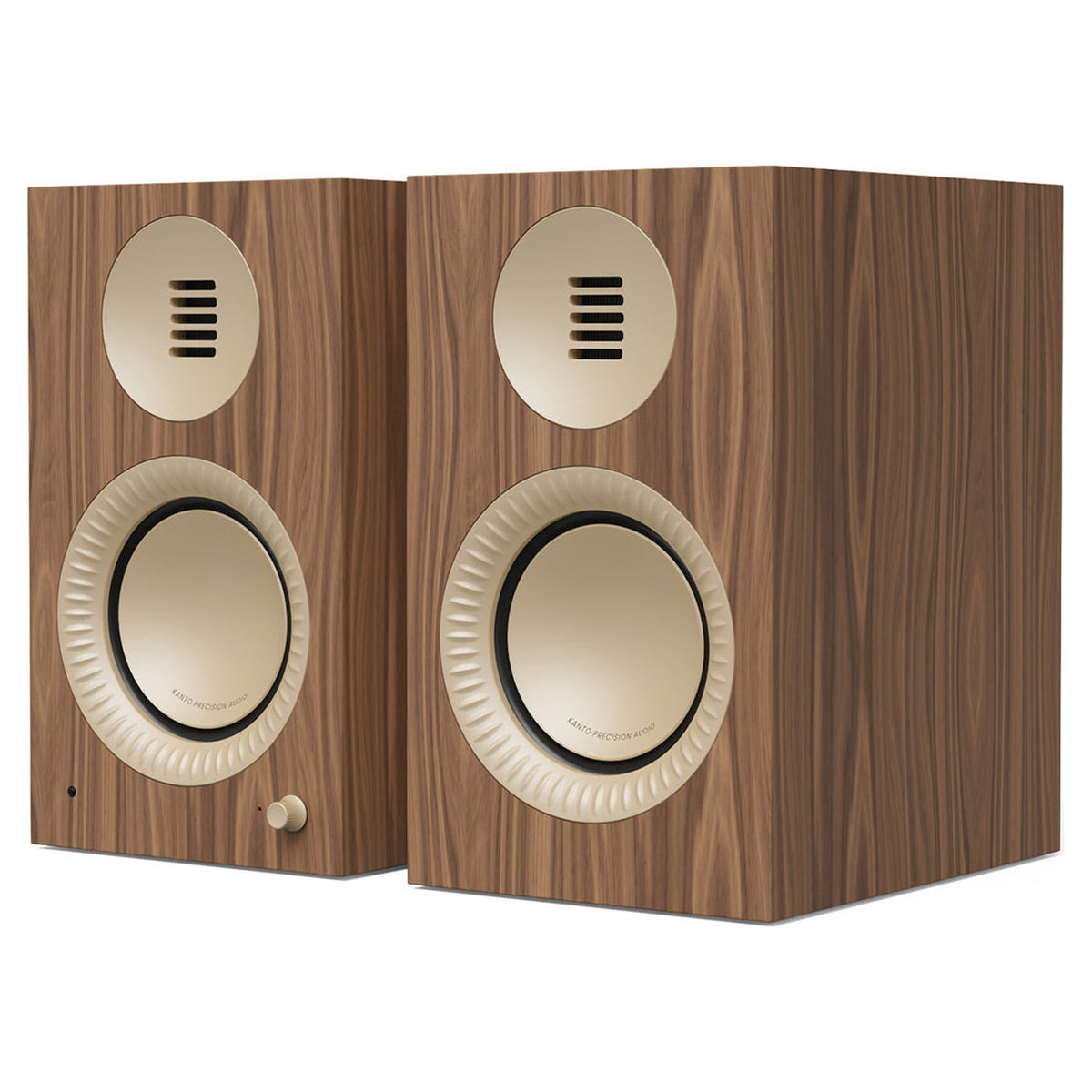 Kanto Audio TUK G2 powered speakers in Matte Walnut with rose gold waveguides, three-quarter view