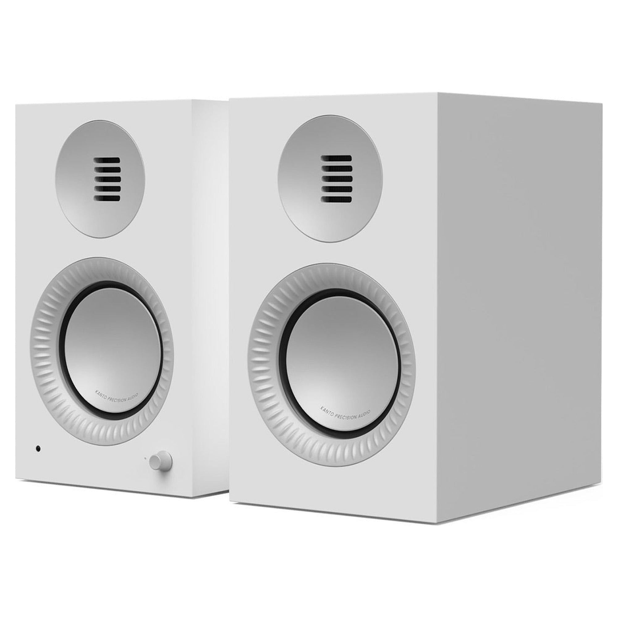 Kanto Audio TUK G2 powered speakers in Matte White with aluminum waveguides, three-quarter view