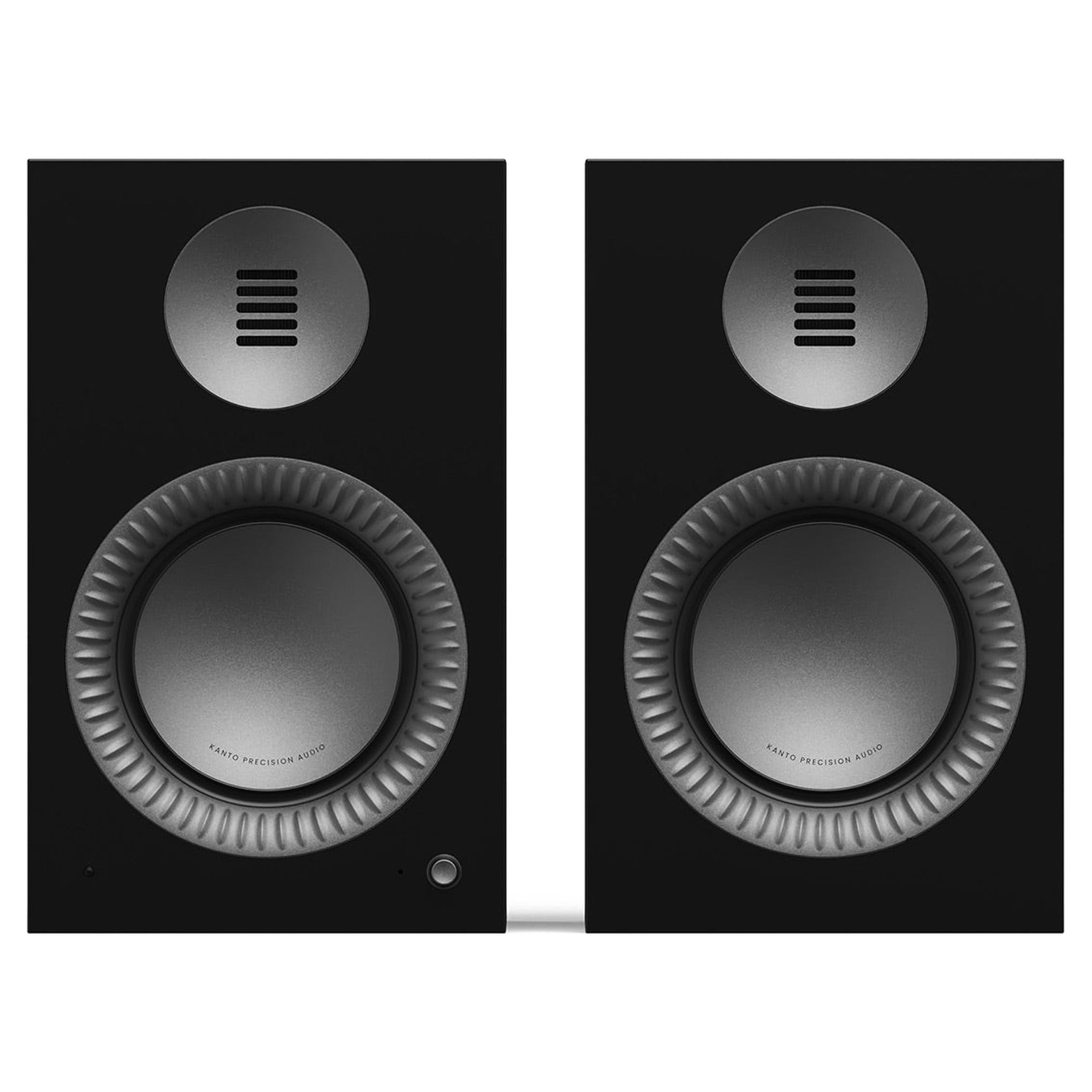 Kanto Audio TUK Grand pair in Matte Black, front view with 6-inch aluminum woofer and AMT tweeter