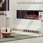 Kanto Audio TUK Grand in Matte White on stands either side of a fireplace