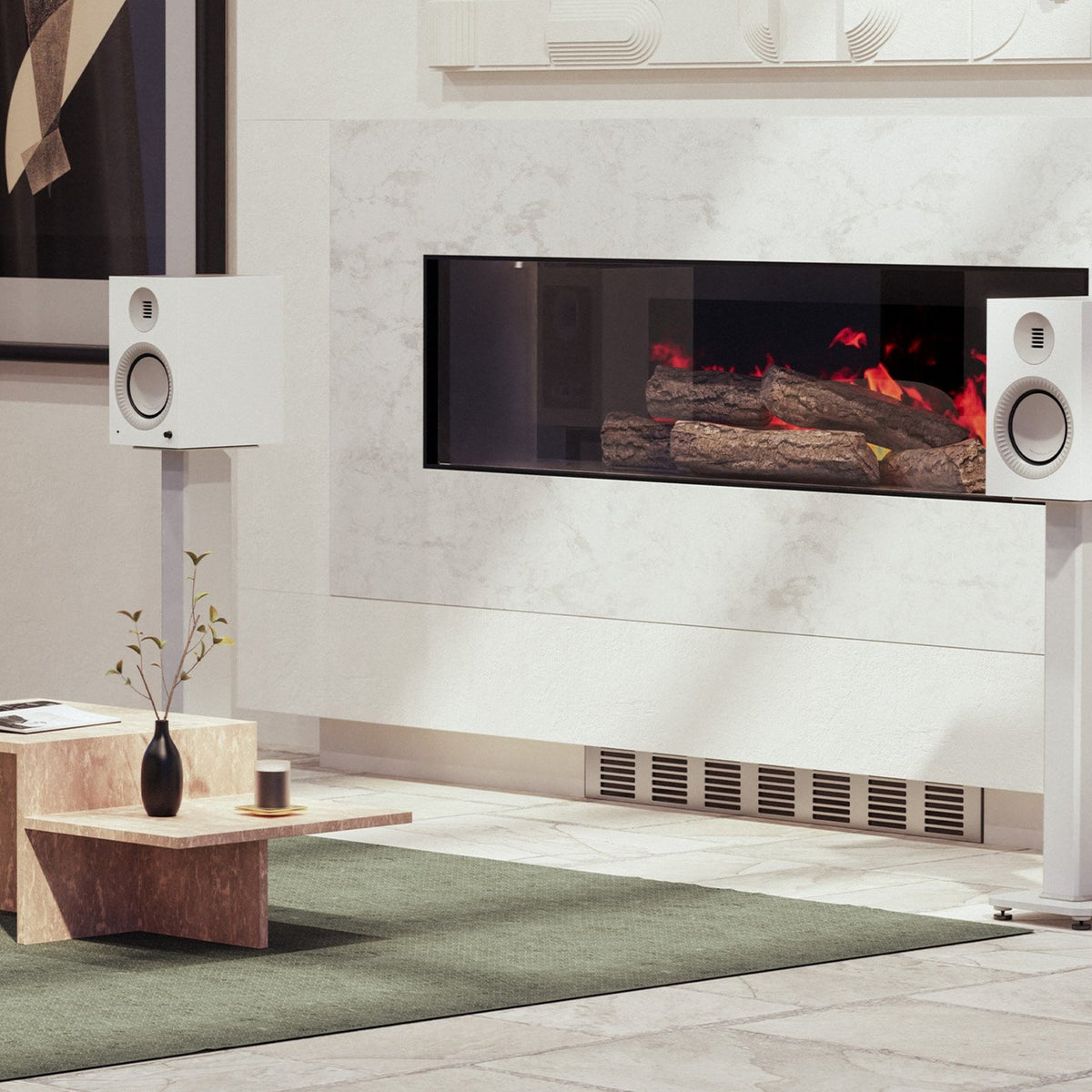 Kanto Audio TUK Grand in Matte White on stands either side of a fireplace