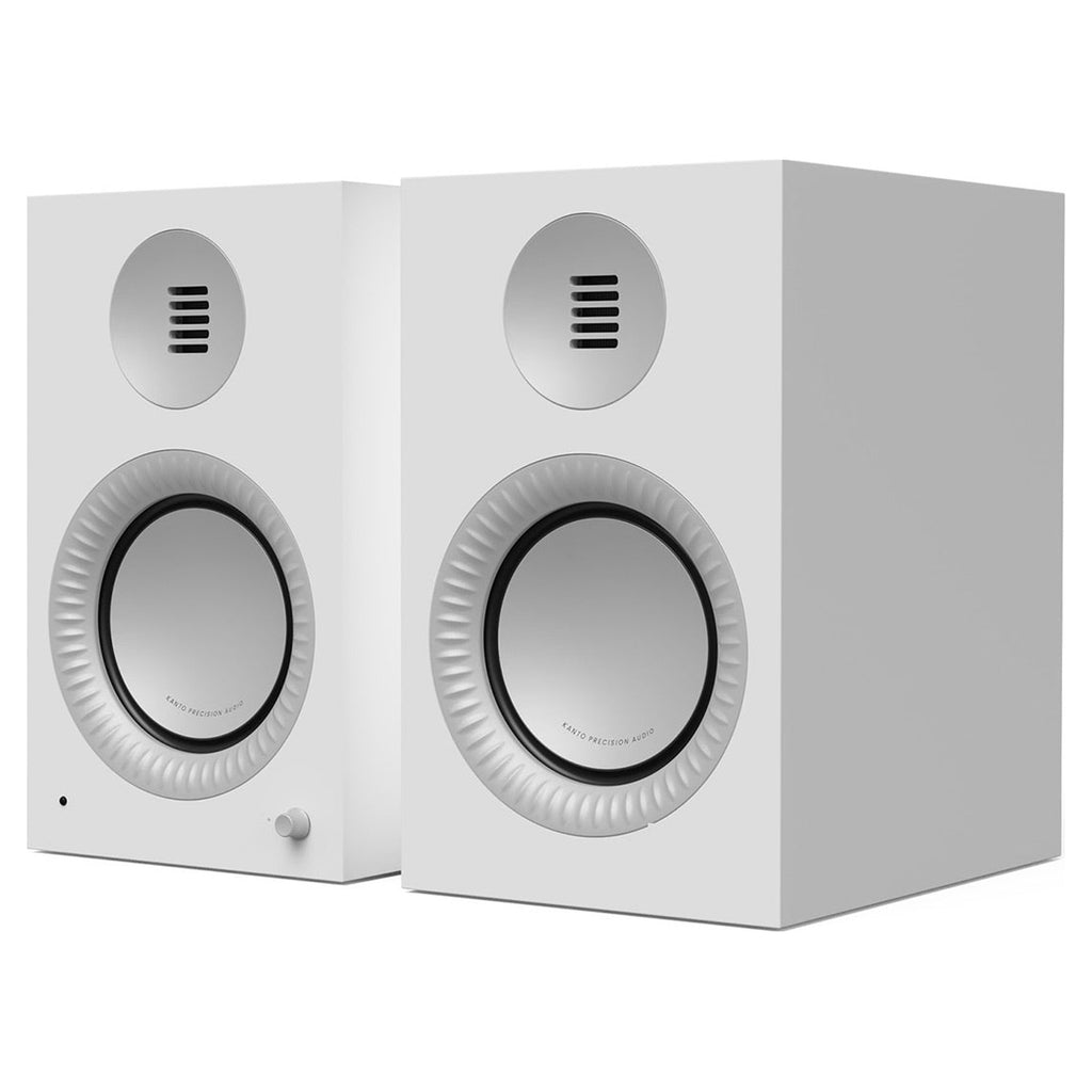 Kanto Audio TUK Grand powered speakers in Matte White with aluminum waveguides, three-quarter view