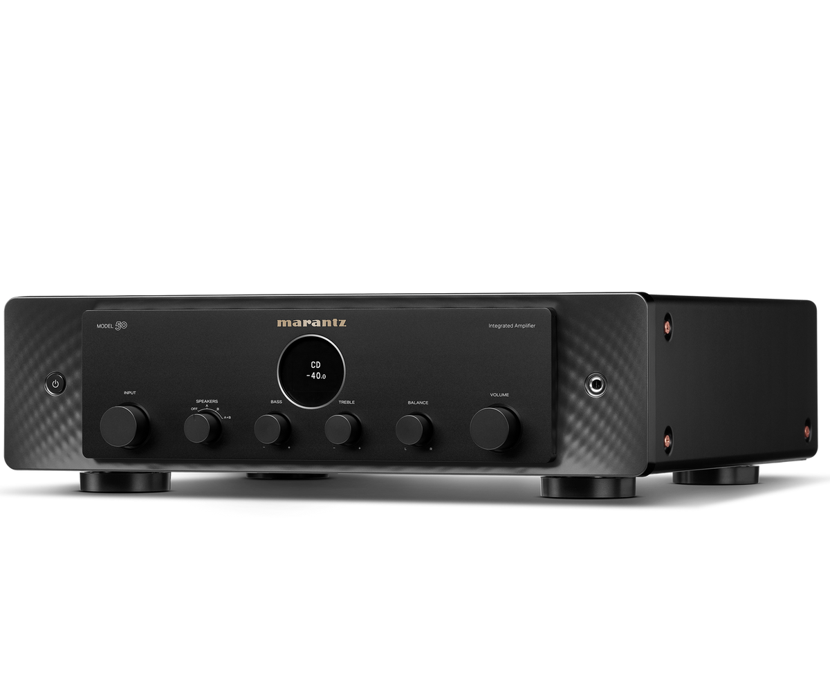 Marantz MODEL 50 stereo amplifier in black, studio-angle view facing left, showcasing front and side design details.