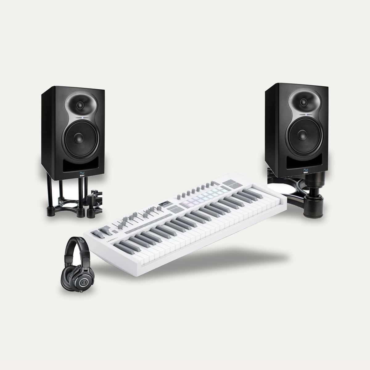 Novation Launchkey 49 MK4 + Kali Audio LP-6 V2 + IsoAcoustics ISO-155 Producer Desk Set – Keyboard Colour White, Monitor Colour Black
