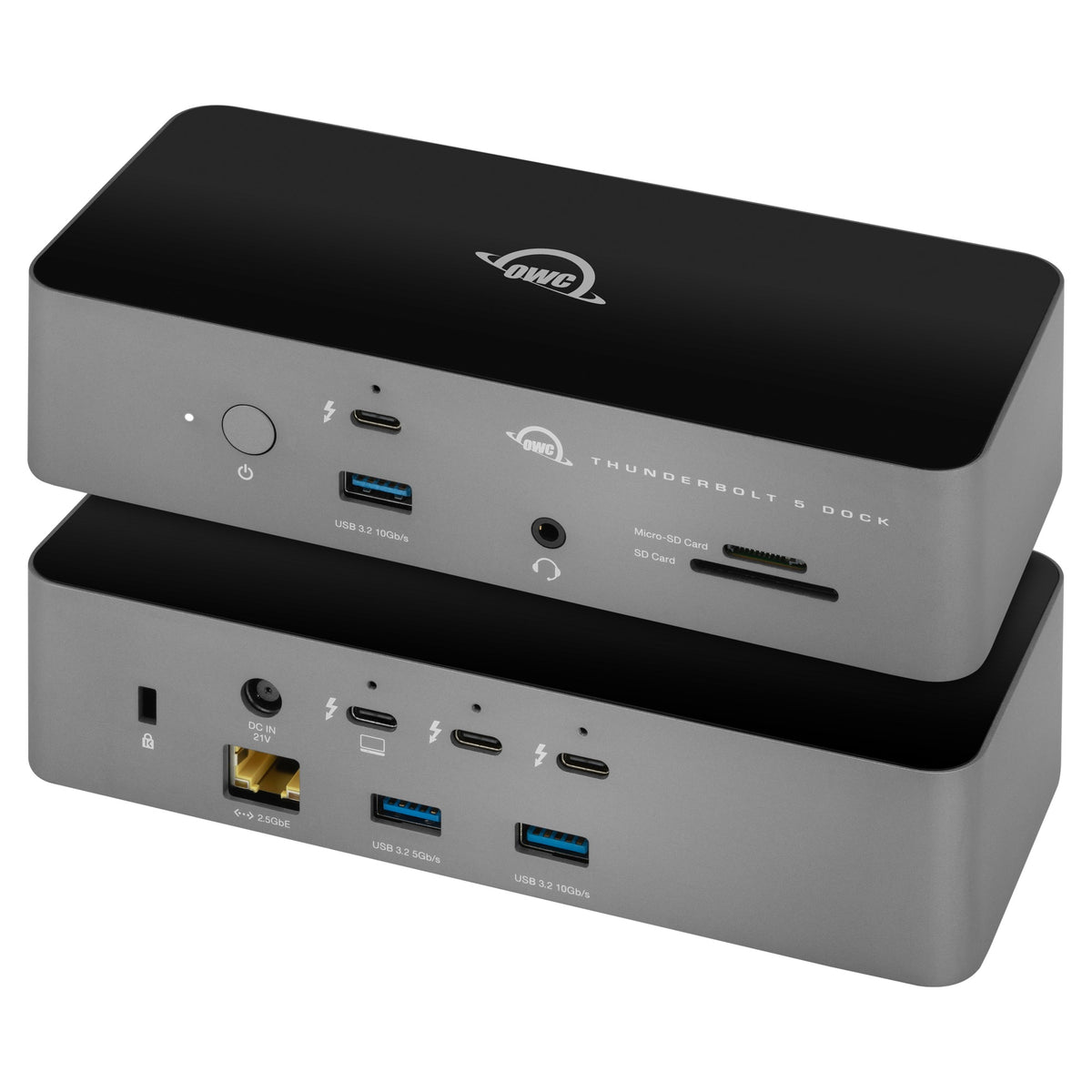 OWC Thunderbolt 5 Dock, front and rear ports stacked view