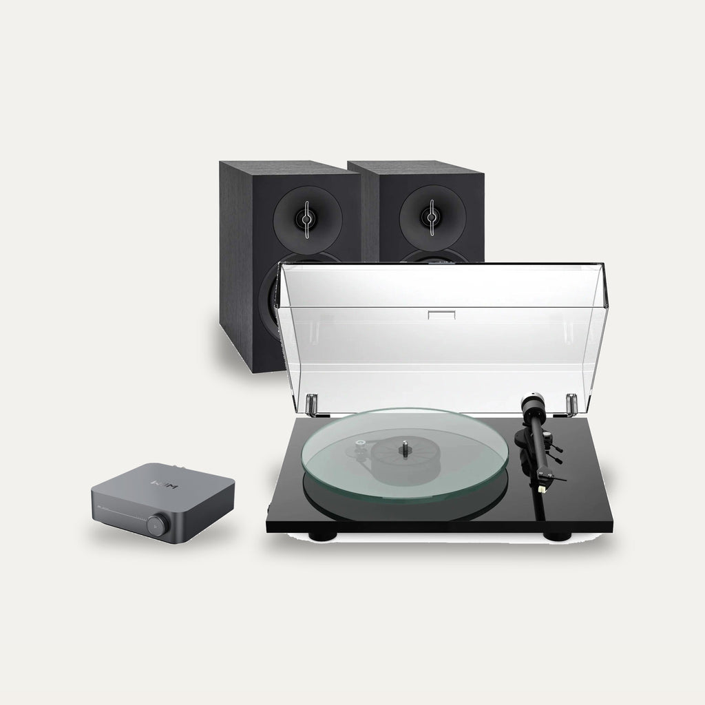Pro-Ject T2 Super Phono + WiiM Amp + ELAC Debut B5.3 Vinyl System – Turntable Finish Gloss Black, Amplifier Colour Grey