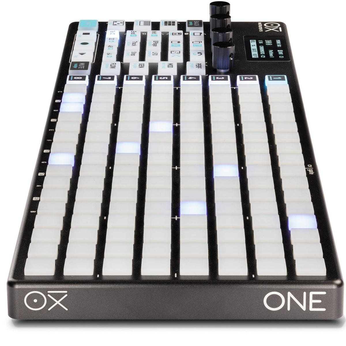 OXI Instruments One MKII Nostalgia sequencer device with knobs and buttons, showcasing its vintage-inspired design and controls.