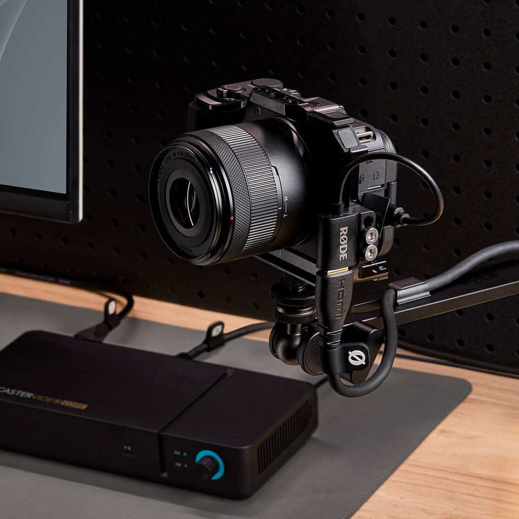 Rode HDMI Adaptor connecting a mirrorless camera to a RODECaster Video on a desk