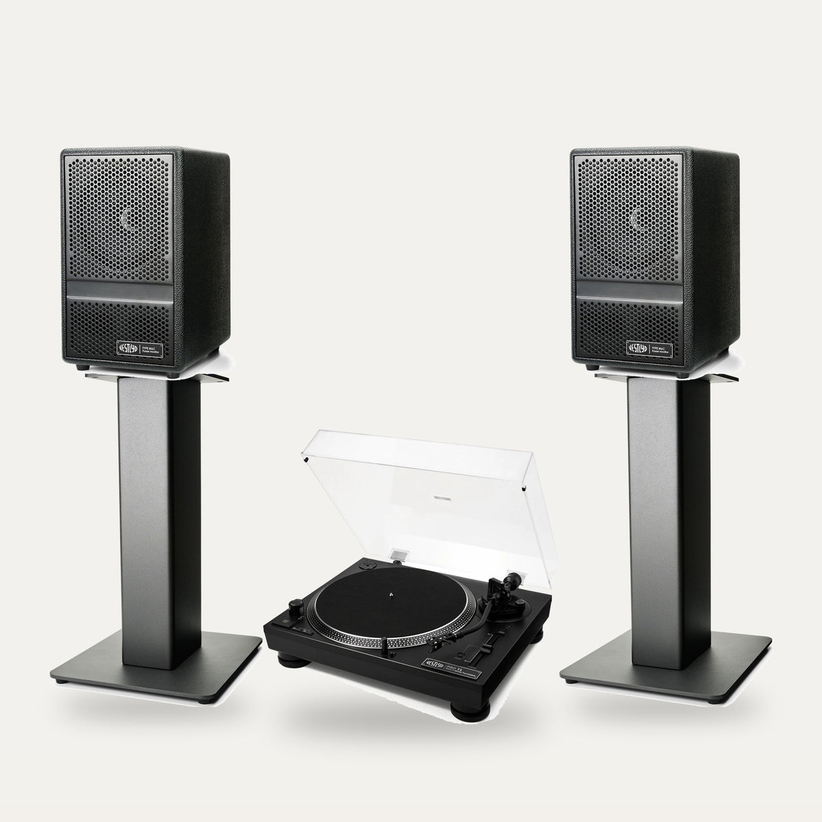 Vestlyd Vinyl Setup: Pro T1 turntable in Black with M6C Active speakers in Black on M-Stands