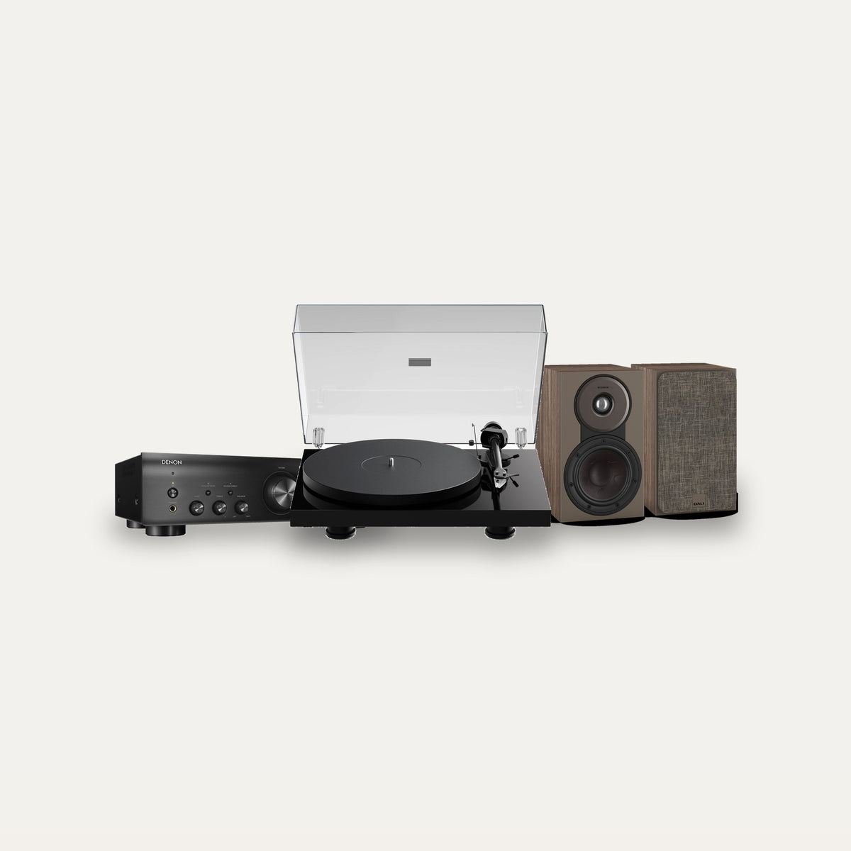Pro-Ject Debut EVO 2 + Denon PMA-600NE + Dali Sonik 1 Vinyl Hi-Fi System – Turntable Finish Satin Black, Speaker Finish Walnut