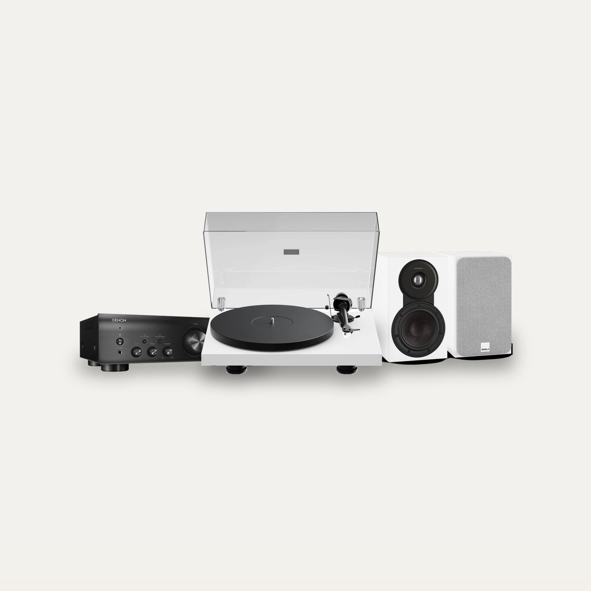 Pro-Ject Debut EVO 2 + Denon PMA-600NE + Dali Sonik 1 Vinyl Hi-Fi System – Turntable Finish Satin White, Speaker Finish White
